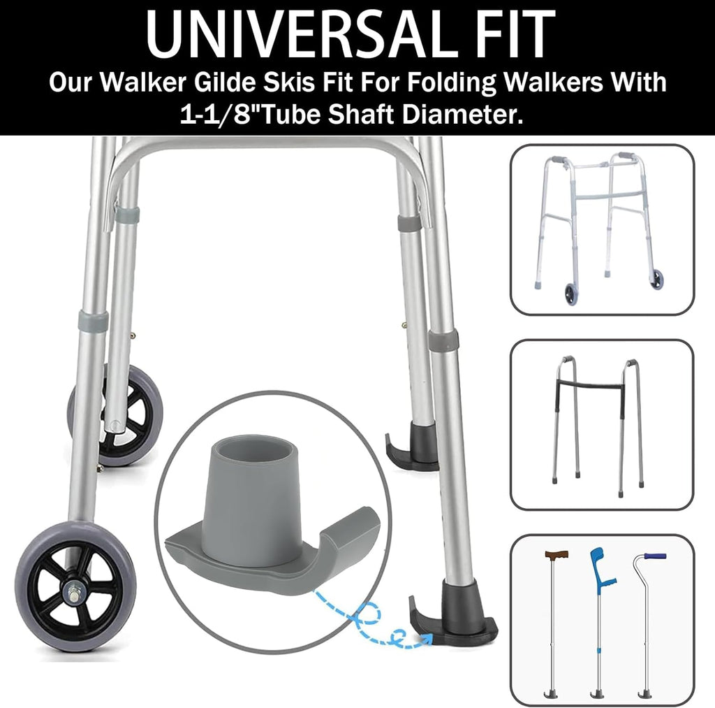 Walker Glide Skis, 2 Pcs Universal Fit Walker Skis | Easy to Use Rubber Walker Feet,Replacement Skis for Walkers,Gift for Seniors,Grey