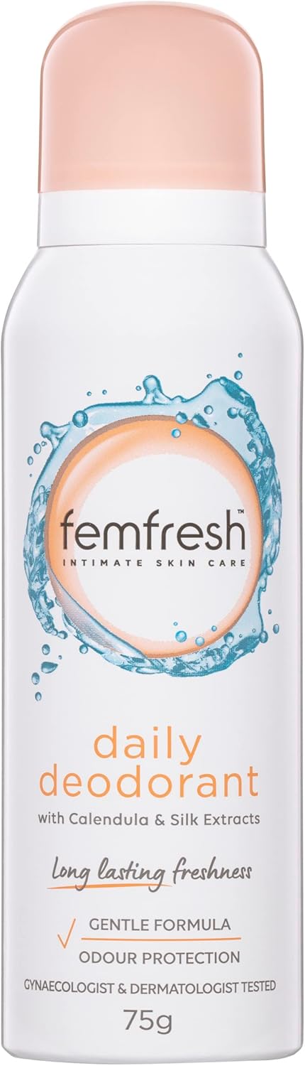Femfresh Daily Deodorant 75g, Long-Lasting Freshness and Comfort for Intimate Skin, With Calendula & Silk Extracts, Odour Protection, Dermatologically & Gynaecologically Tested