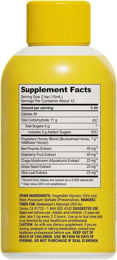 Beekeeper's Naturals Honey Cough Syrup for Adults, Elderberry, Daytime, 4oz | For Adults, Elderberry, Bee Propolis, Buckwheat Honey, Immune Support & Throat Soothing