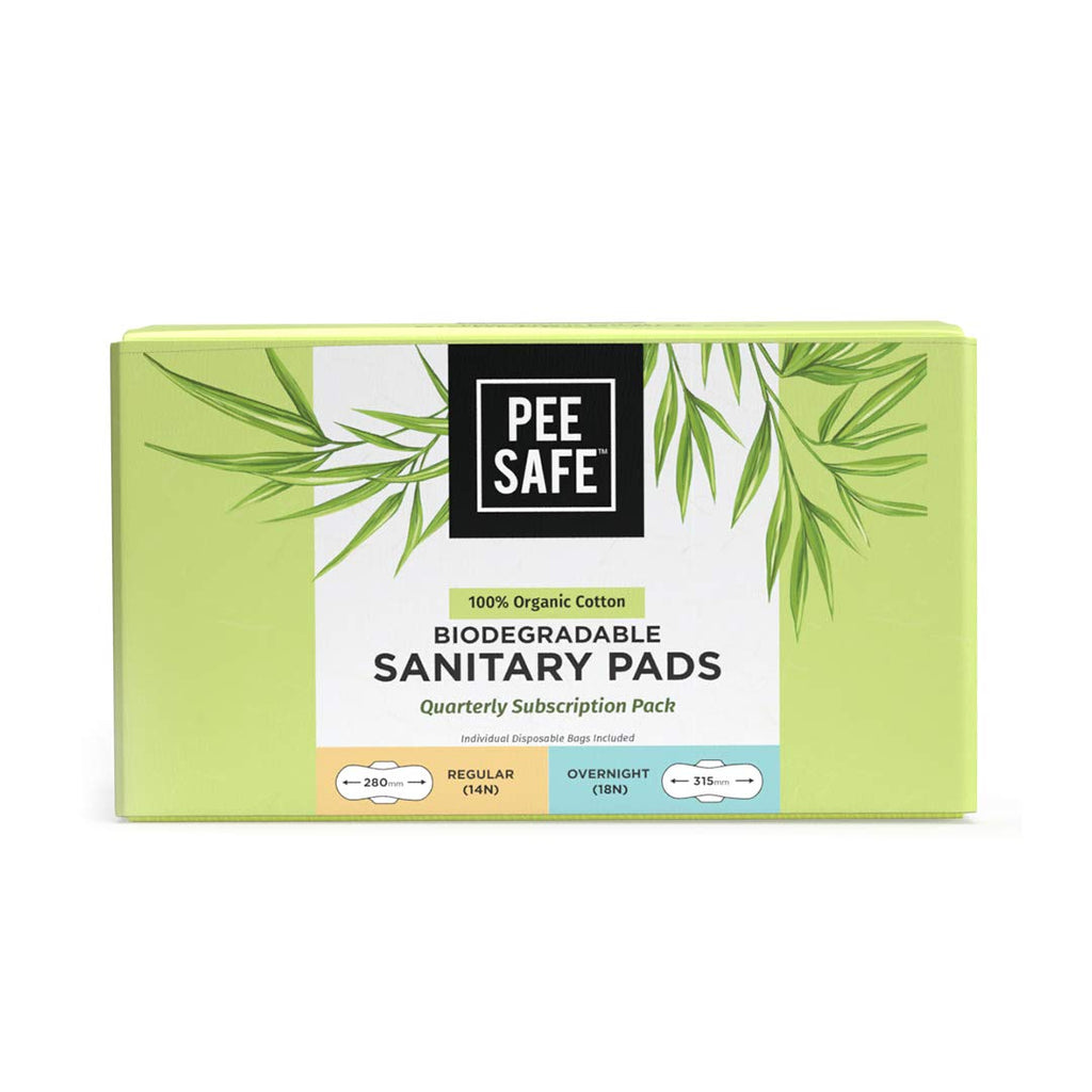 Pee Safe 100% Organic Cotton Biodegradable Sanitary Pads, 14 Regular & 18 Overnight Pads - Quarterly Pack | Anti-Bacterial | Superb Absorbency | Skin Friendly | Comfortable