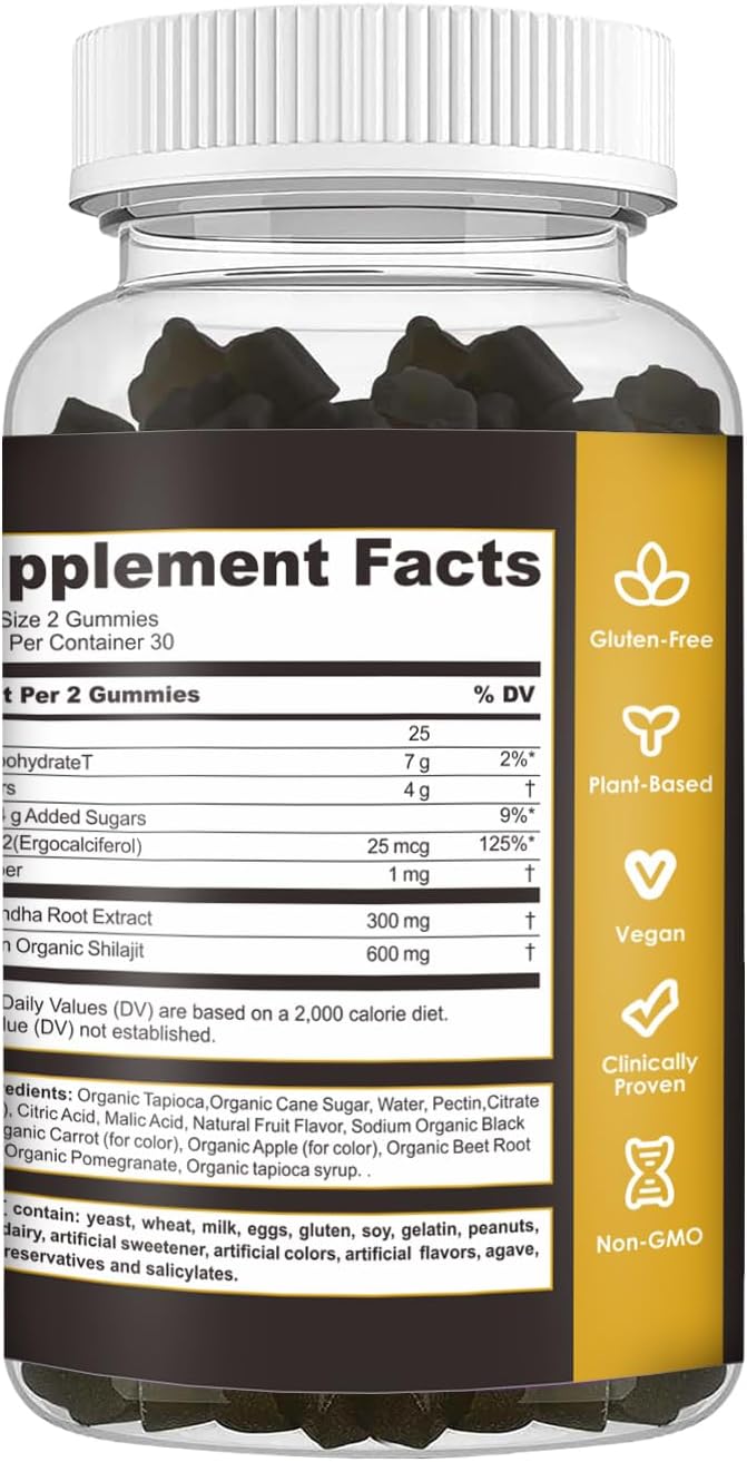 Pure Himalayan Shilajit Ashwagandha High Strength Gummies 300mg Relax, Restore & Mixed Vegan, Plant Based, Non-GMO, Gluten-Free & Gelatin Free, One Month Supply for Both Men and Women
