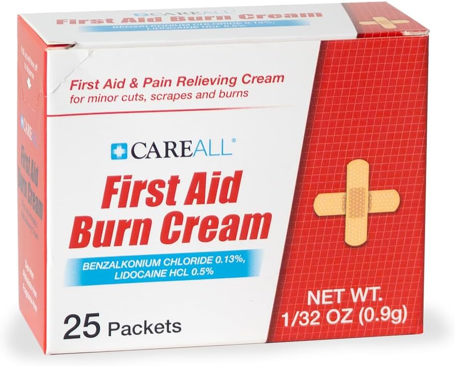 CareALL First Aid Burn Relief Cream 0.9g Packets (Pack of 25) Pain Relieving First Aid Cream for Temporary Relief of Pain from Minor Burns, Cuts, and Scrapes. Prevents Infection