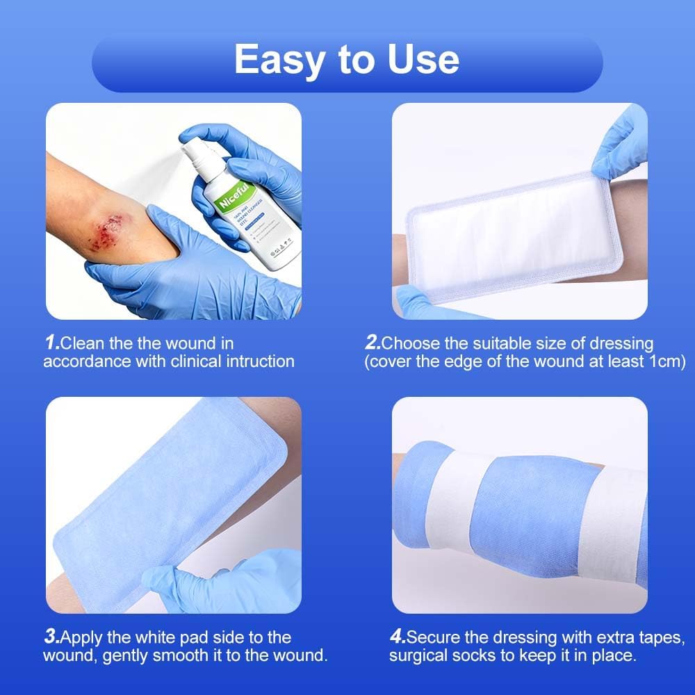 Niceful Super Absorbent Wound Dressing 4" x 8" (10 Pcs) – Sterile Non Stick Gauze Pads for Wound Care, Heavy Exudate Large Bandages for Pressure Ulcers, Bedsores, Diabetic Foot Ulcers