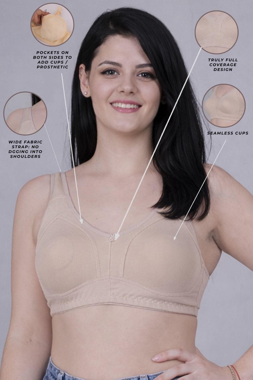 Fabme Mastectomy Cancer Pocket Bra with One Micro Fiber Filled Adjustable Pad | Cotton Full Coverage Bra | No-Digging Shoulder Strap | Truly Full Coverage