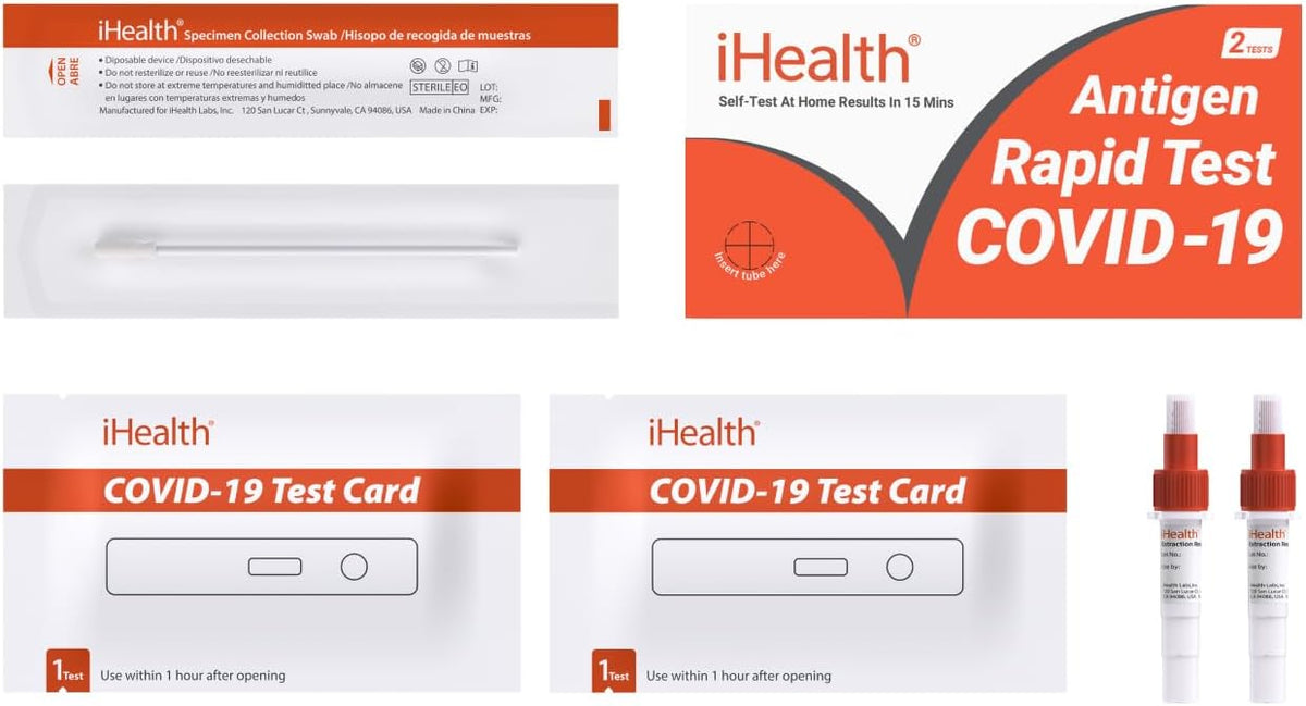 iHealth COVID-19 Antigen Rapid Home Test, 2 Tests, FDA Authorized OTC | at-Home Self Test, Results in 15 Minutes with Non-invasive Nasal Swab, Easy to Use & No Discomfort, for ages 2 and up