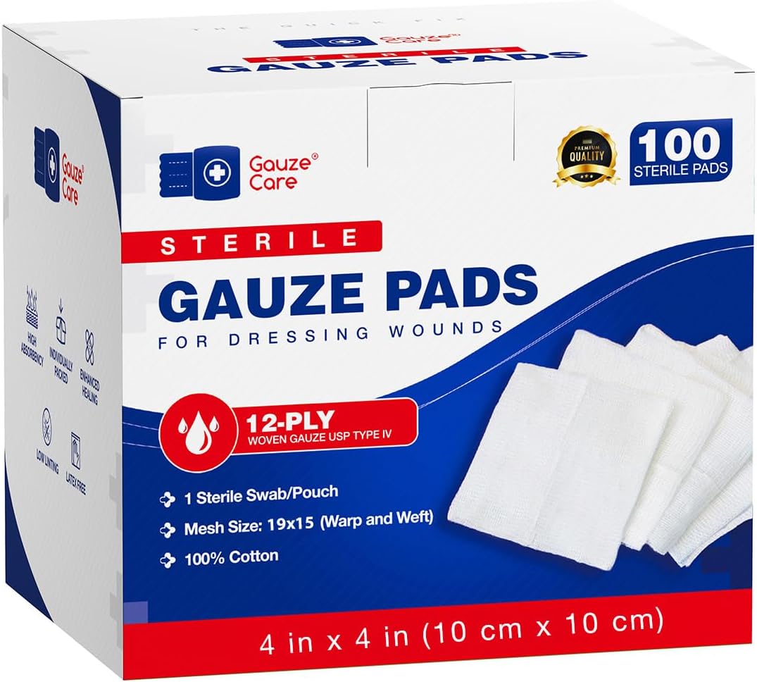 100pc Large Sterile Gauze Pads 4x4 Sterile for Wounds Bulk - 12ply Woven Gauze Sponges 4x4 Sterile - USP IV Breathable Mesh 4x4 Gauze Pads Sterile for Enhanced Absorption - First Aid Medical