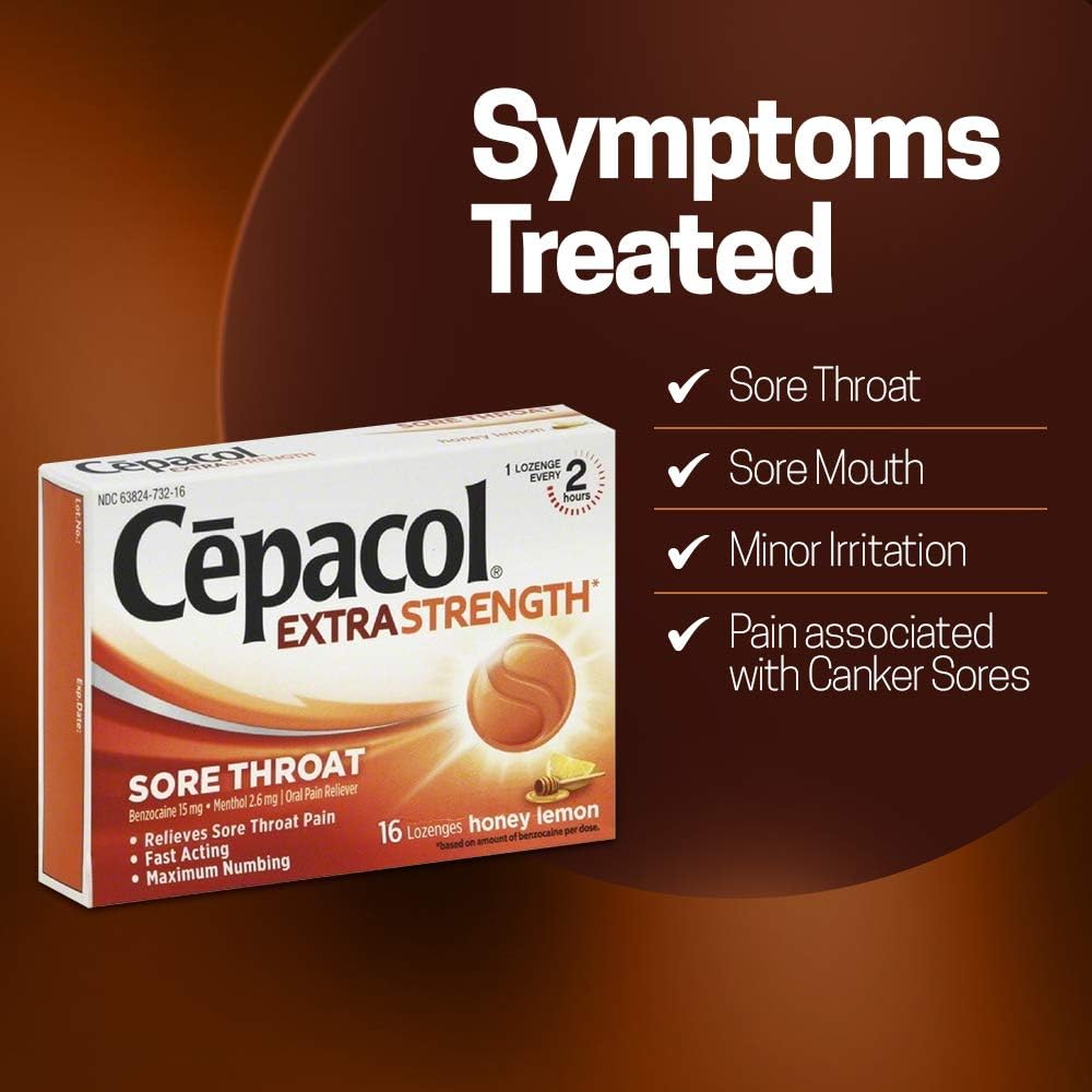 Cepacol Extra Strength Sore Throat Relief Lozenges, Honey Lemon Cough Drops, Maximum Numbing- Fast Acting Sore Throat, Mouth & Canker Sore Pain Relief with Benzocaine & Menthol, 16 Count