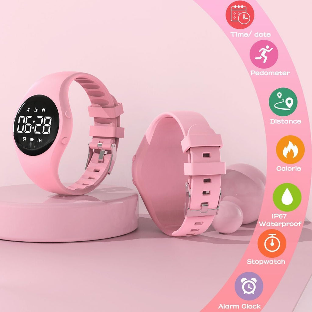 Kids Led Digital Pedometer Watch, Steps Counter, Waterproof Wristwatch, Vibrating Alarm Clock, Stopwatch, Great Gift for Kids Children Teens Girls Boys (Pink)