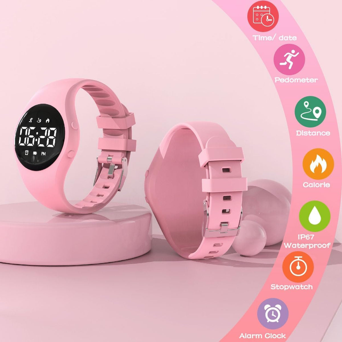 Kids Led Digital Pedometer Watch, Steps Counter, Waterproof Wristwatch, Vibrating Alarm Clock, Stopwatch, Great Gift for Kids Children Teens Girls Boys (Pink)