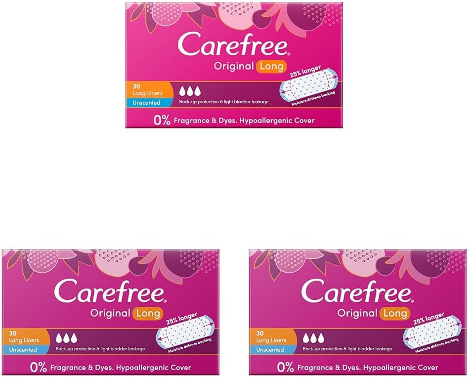 Carefree Original Long Unscented Liners 90 pack | Suitable for Moderate to Heavy Discharge/Spotting| Bladder Leakage| Ideal as a Tampon Backup| 25% Longer for Extra Coverage & Protection