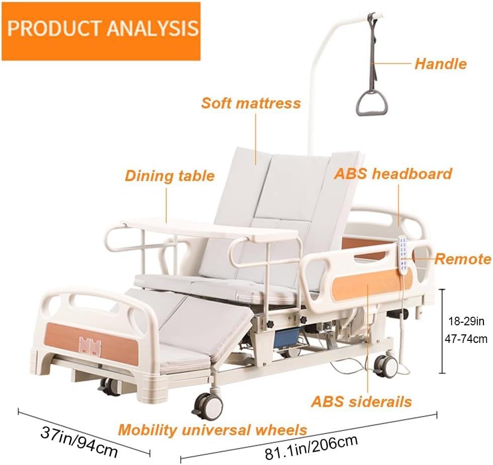Full Electric Hospital Bed for Home Care, 37" Wide with Timed Auto-Turning,Height Adjustable 18.5"-29",550 lbs Capacity, Include Electric Bedpan,Trapeze&Dining Table
