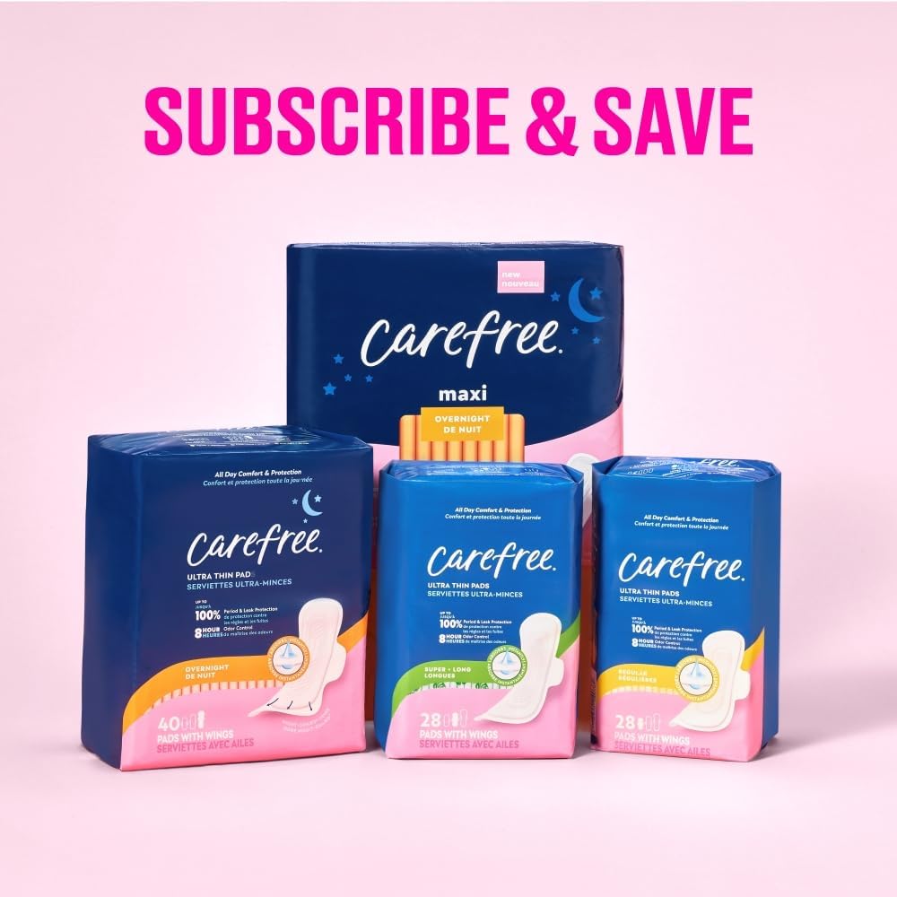 Carefree Ultra Thin Pads for Women, Overnight with Wings | Feminine Care & Postpartum Protection | 40ct (Pack of 1)