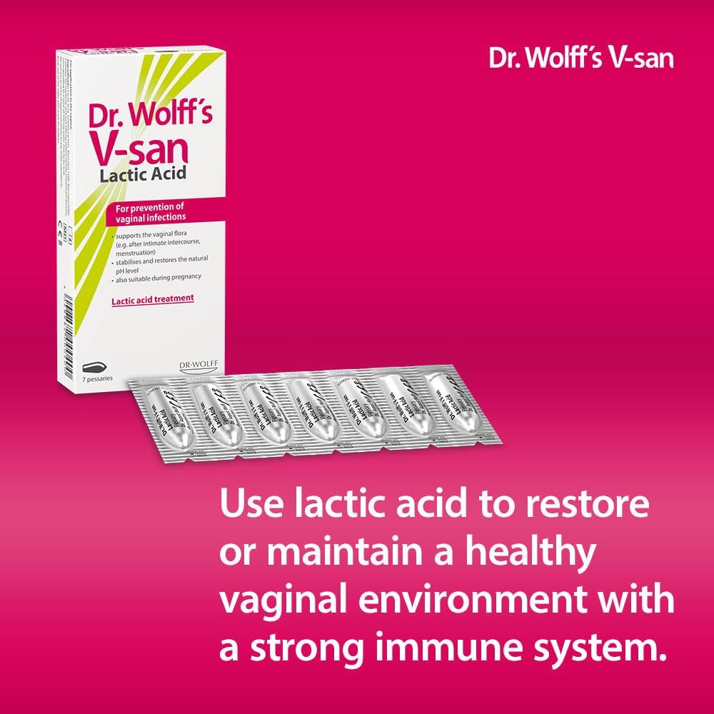Dr. Wolff's V-san Lactic Acid for Prevention of Vaginal Infections 7 pcs | Restores Vaginal pH | Restore natural Vaginal health | Prevent reoccuring vaginal infections | Hormone-Free | Safe to use with Condoms