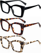 Oversized Square Reading Glasses for Women, Blue Light Blocking Large Frame Computer Readers Spring Hinge