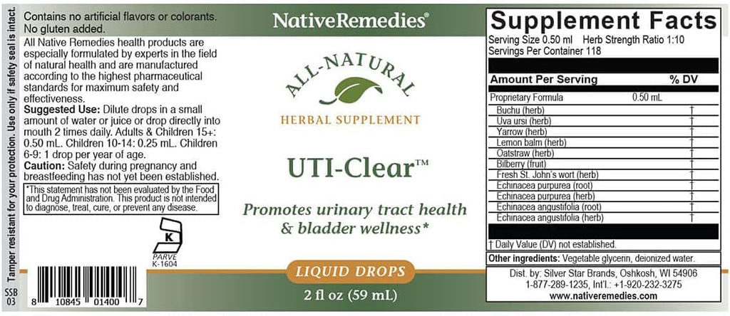 Native Remedies UTI-Clear Herbal Supplement - 100% Natural Tincture with | Buchu, Bearberry, Lemon Balm & More - Supports Urinary Tract & Bladder Health, pH Balance, Bloating Relief - 2 oz Bottle