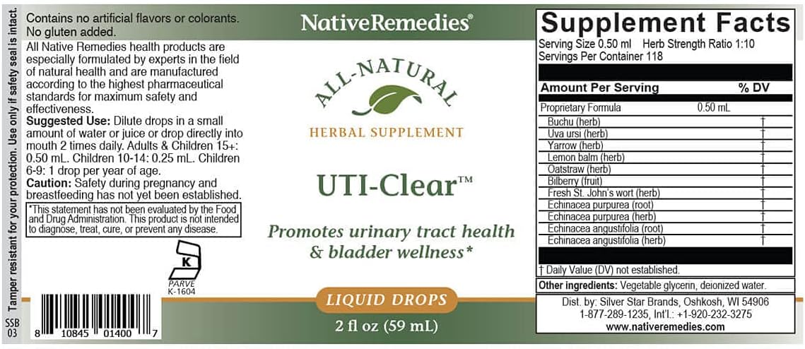 Native Remedies UTI-Clear Herbal Supplement - 100% Natural Tincture with | Buchu, Bearberry, Lemon Balm & More - Supports Urinary Tract & Bladder Health, pH Balance, Bloating Relief - 2 oz Bottle