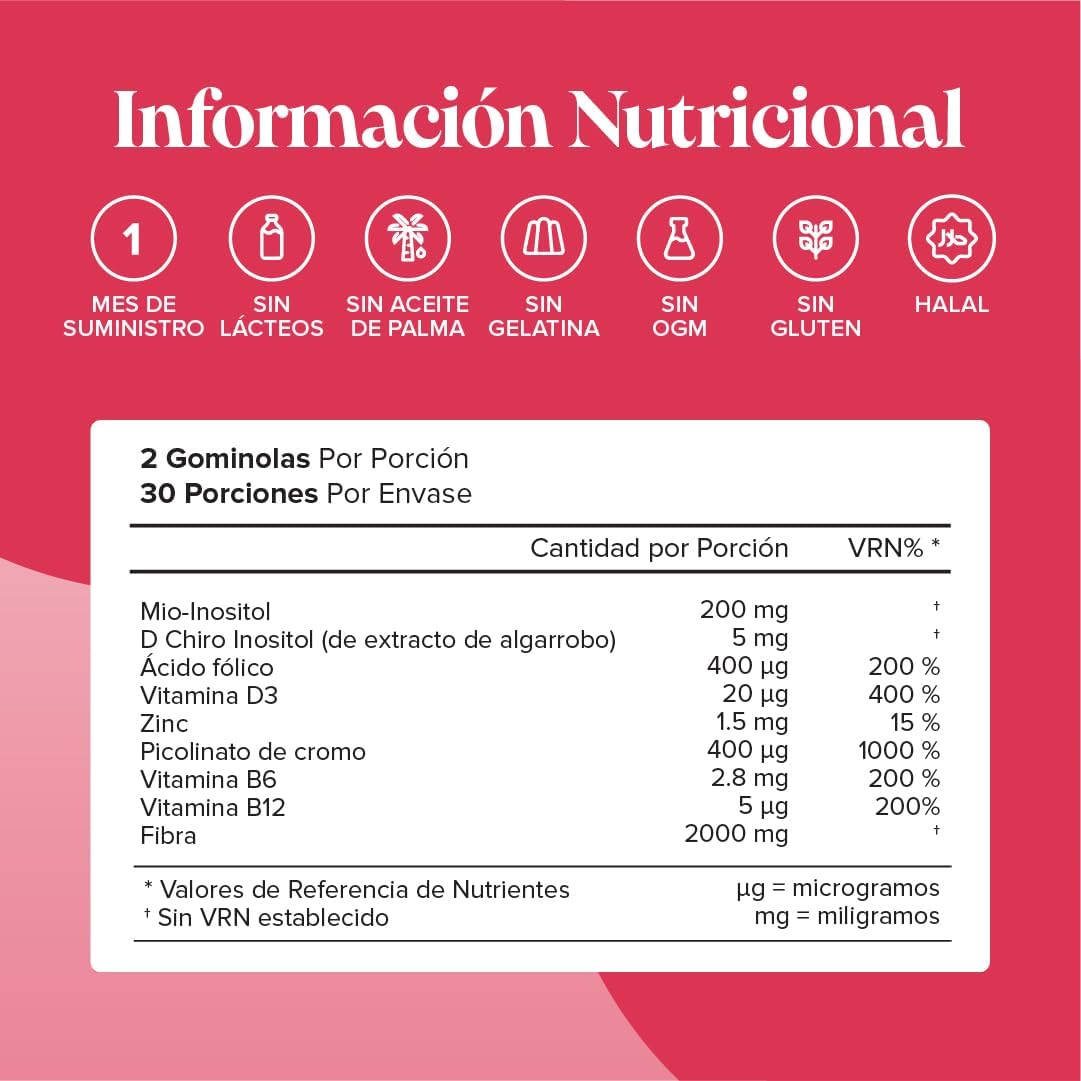 Inositol Myo and D-Chiro Gummies 40:1 - with Inositol, Folic Acid, Chromium, Zinc, Vitamins B6 and D3, and Fiber - Supplement for Female Hormone Balance - Vegan - 60 PCOS Gummies - Novomins
