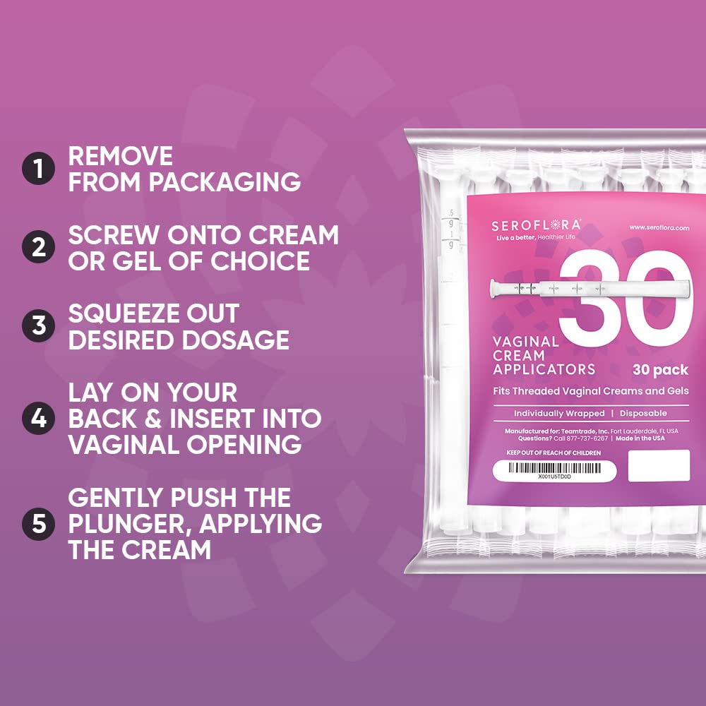 Seroflora Disposable Vaginal Cream Applicators - Fits Premarin, Estrace, Preseed and Most OTC Gels, Lubricants, and Creams - Threaded End, Comfort Tip, and Dosage Markings (30 Pack) Made in USA.