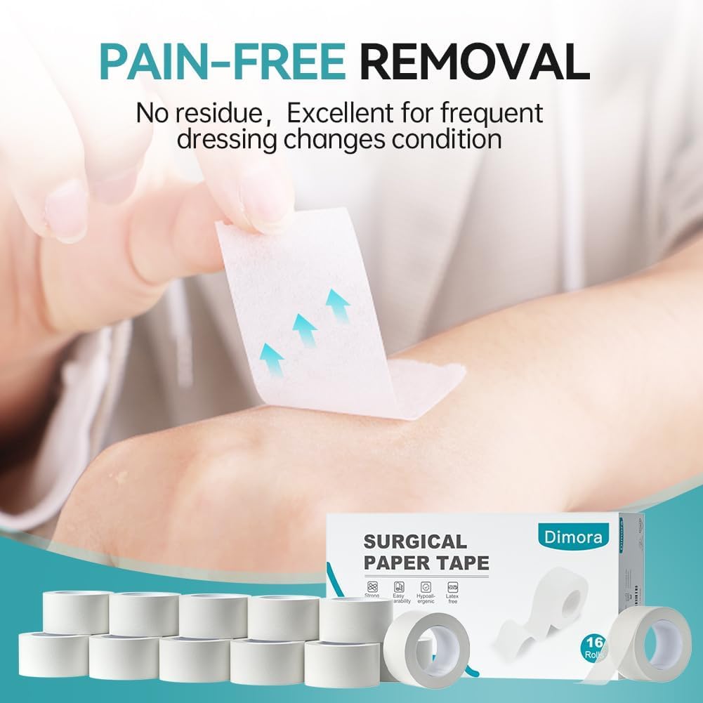 Dimora Paper Medical Tape, White, 16 Rolls, 1 Inch x 10 Yards | Hypoallergenic, For Sensitive Skin, Pain-Free Removal, Easy Tear, Waterproof