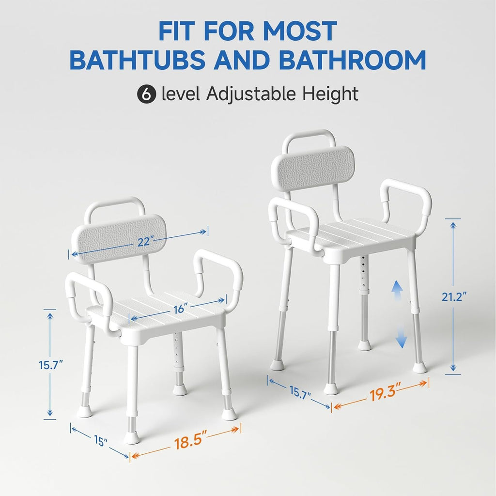 Loyoda Shower Chair for Inside Shower with Back & Arms, Ideal for Seniors | Height Adjustable Shower seat for Disabled, 350 lb Capacity, Non-Slip, Rust-Resistant Aluminum Frame