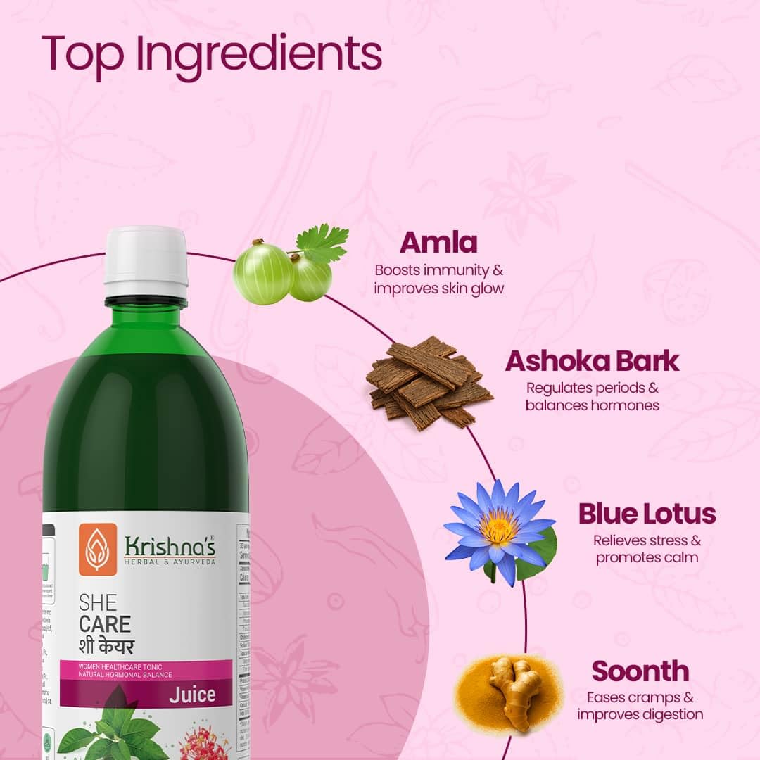 KRISHNA'S HERBAL & AYURVEDA She Care Juice 1000ml, Herbal Supplement for Hormonal Balance, PCOS, PCOD, Period Pain Relief, Hair and Skin Health | Women Wellness Juice