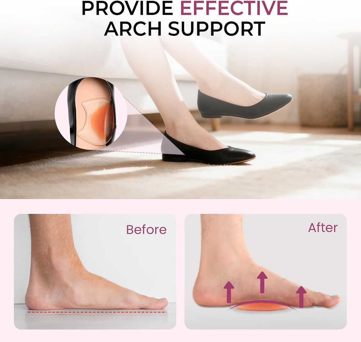 Gel Arch Support Inserts Women - Welnove Soft Cushions Arch Support for Flat Feet Plantar Fasciitis Foot Pain Fatigue Relief - Long-Lasting Adhesive Pads for Heels Sandals Flats (0.24" + 0.4" Height)