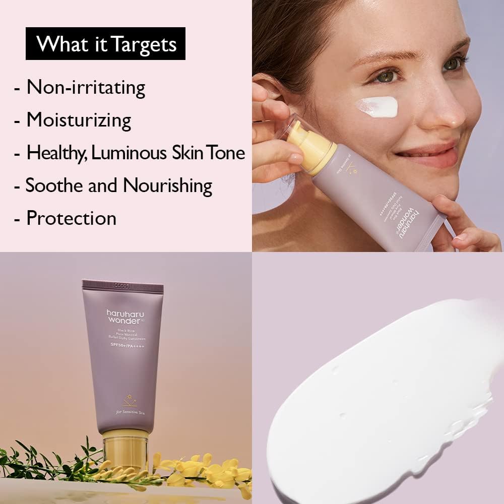 haruharu wonder Black Rice Pure Mineral Relief Daily Sunscreen, SPF50+, Mineral, PA++++, Broad Spectrum, UVA/UVB, Hyaluronic Acid, Niacinamide, 50 ml