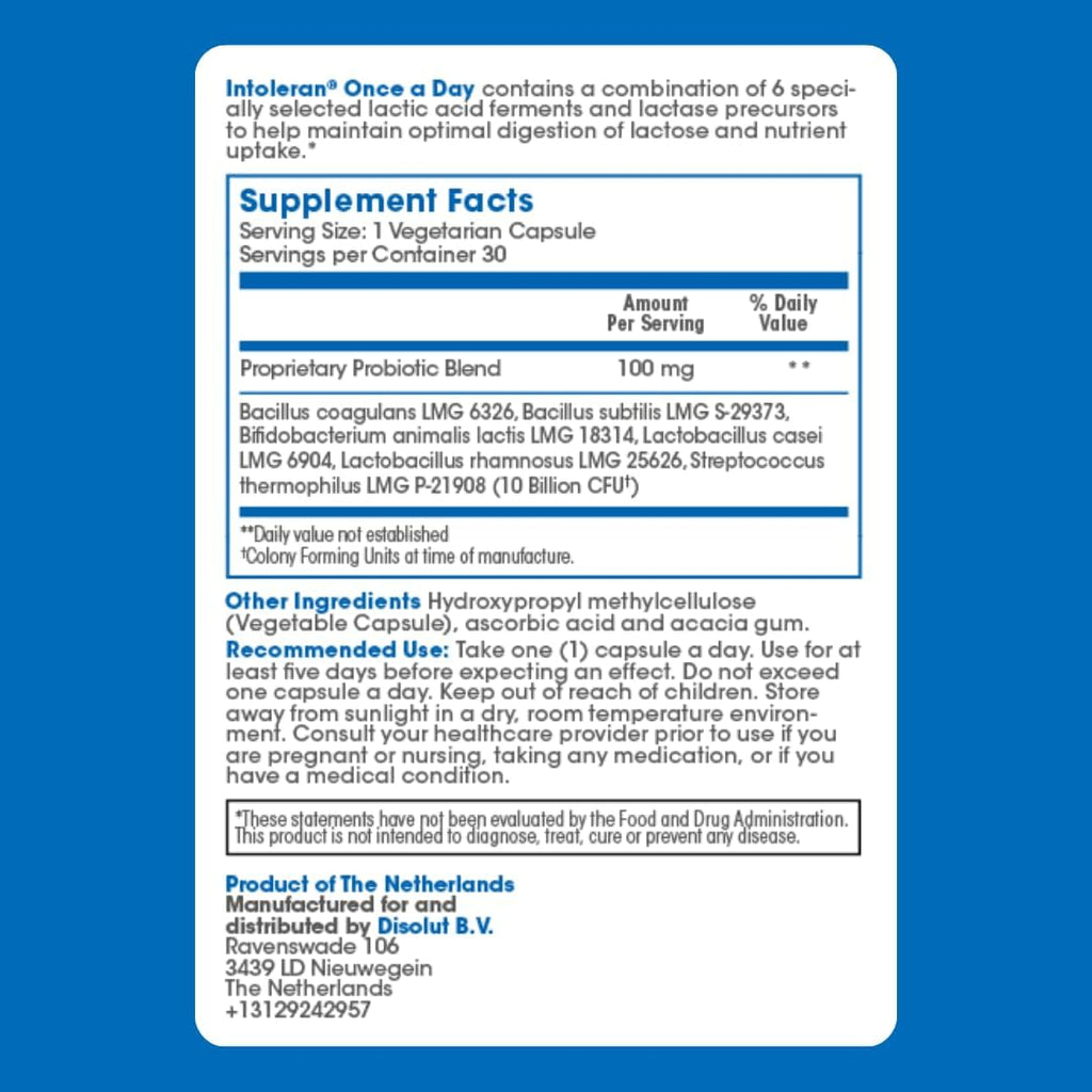 Intoleran Once a Day Probiotic Lactase Supplement - 30 Capsules | Actively Produces Lactase Enzyme, Helps Digest Dairy, 1 Capsule/Day, 6 Lactic Acid Ferments, Pure & Dairy Free