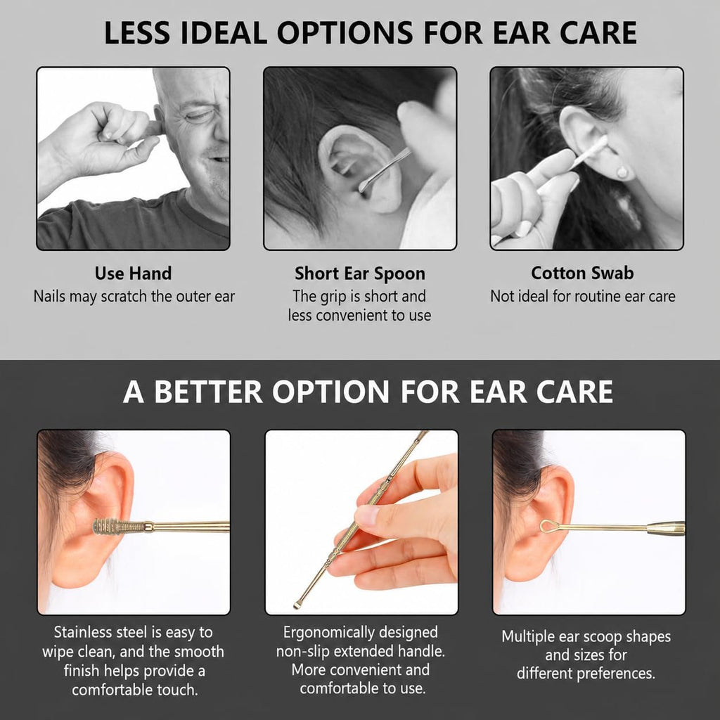 Hion 6 Pcs Extended Ear Wax Removal Kit,Professional Double-Headed Ear Pick Earwax Removal Tools,316L Stainless Steel Ear Cleaner Curette with Cleaning Brush and Storage Box,Suit for Kid Adult(Gold)