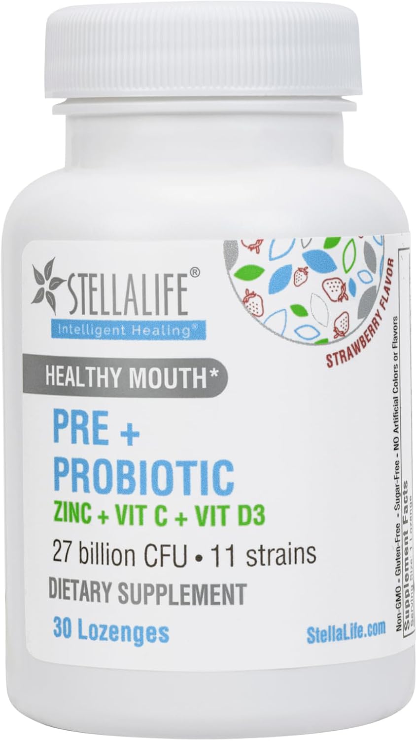 StellaLife Oral Prebiotic & Probiotic Lozenges for Teeth and Gums – 27B CFU, 11 Strains, Dental Probiotic for Bad Breath, Immune Support with VIT C, D3 & Zinc (Strawberry Flavor) 30 Day