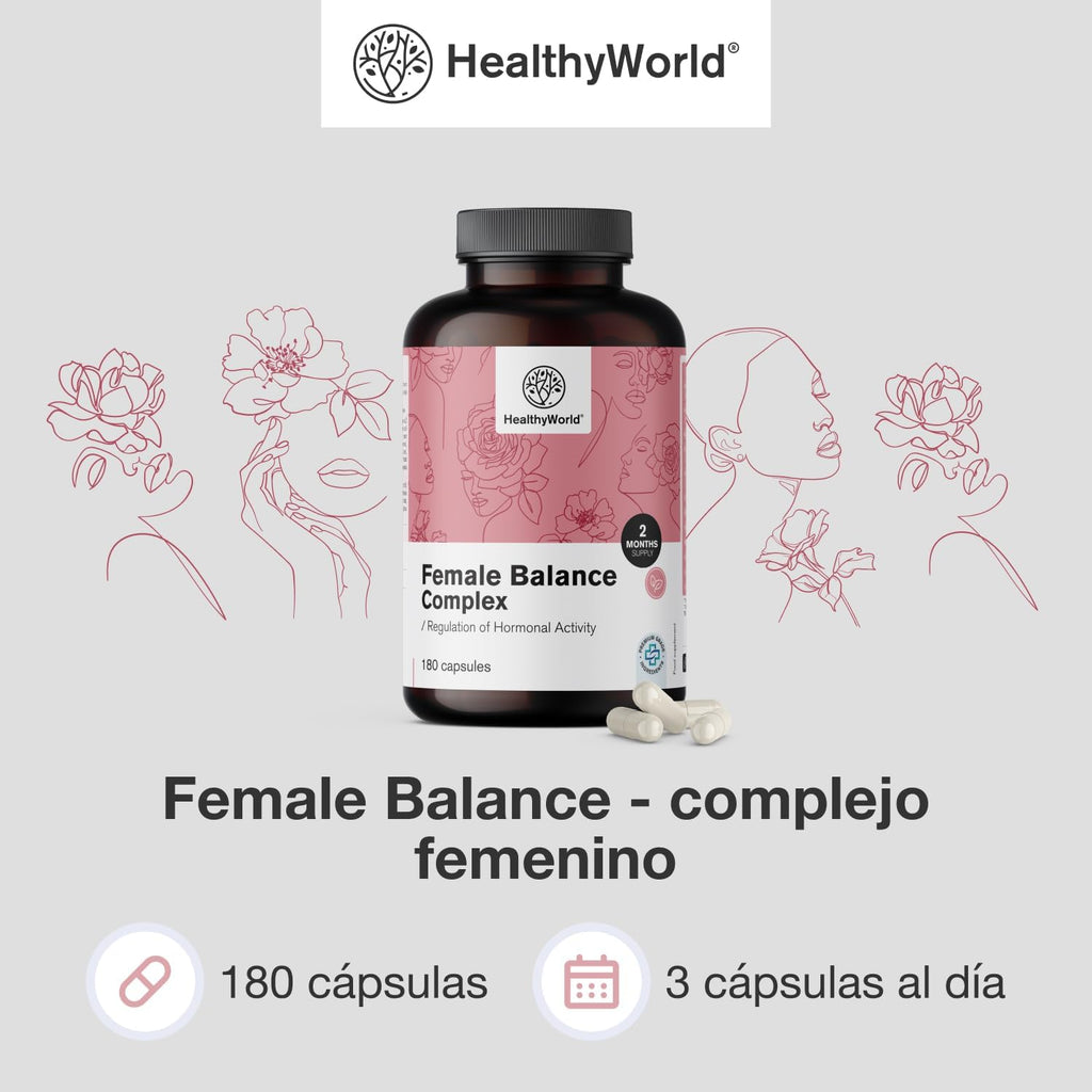 HealthyWorld Female Balance - Hormone Balance - Female Complex - Menstrual Cycle Support - 180 Vegetable Capsules - 12 Active Ingredients - With Vitamins and Minerals