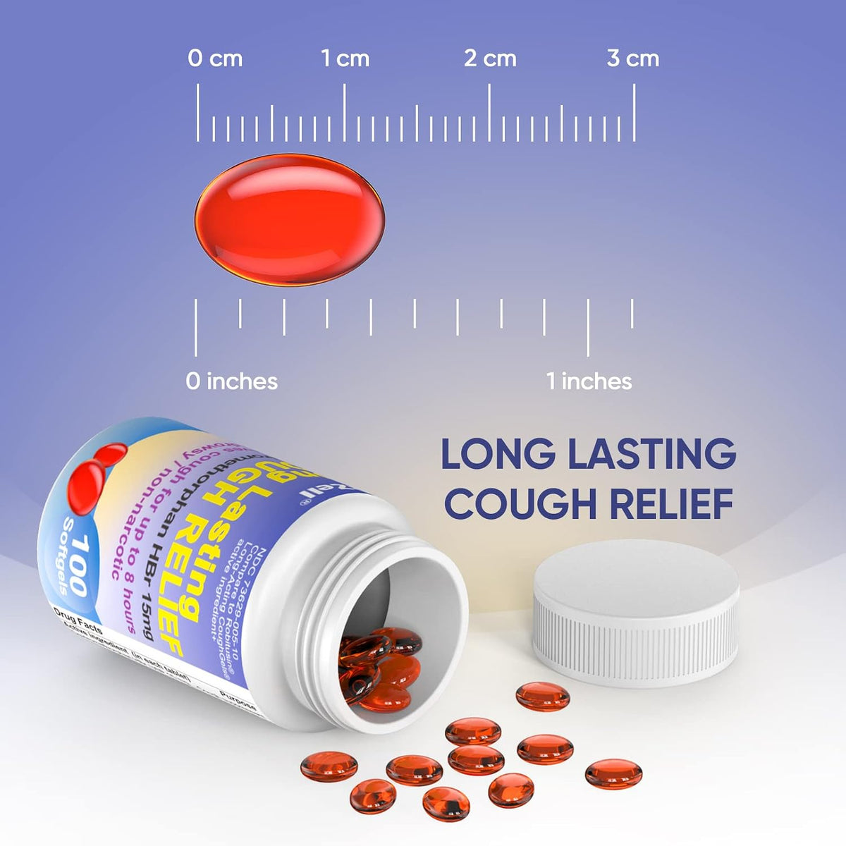 RXZELL Adult Cough Relief, Dextromethorphan HBr 15mg (100 Softgels), 8 Hour Long Lasting, Non-Drowsy, Cough/Bronchial Suppressant