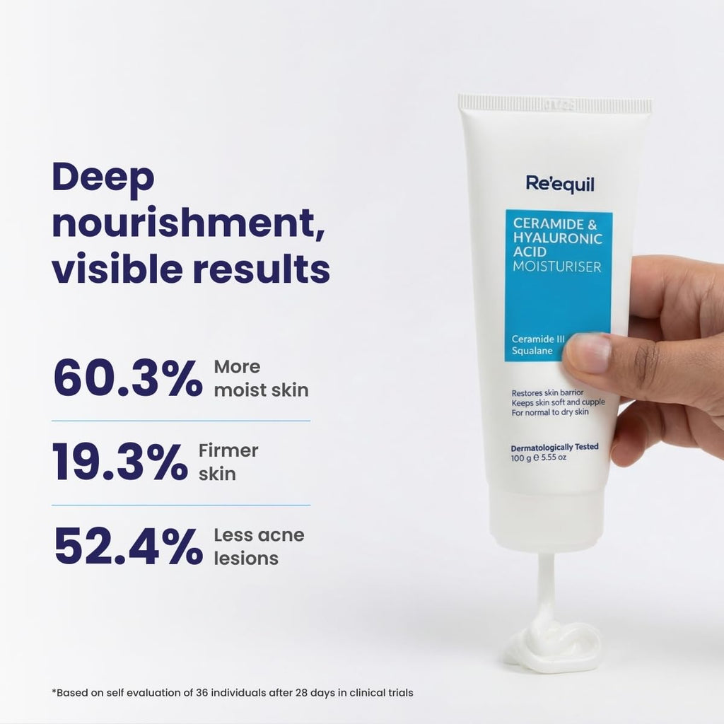 RE' EQUIL Ceramide & Hyaluronic Acid Moisturiser | Moisturizer For Face | Barrier Repair Cream | Long Lasting Hydration | Suitable For Normal To Dry Skin | 100G