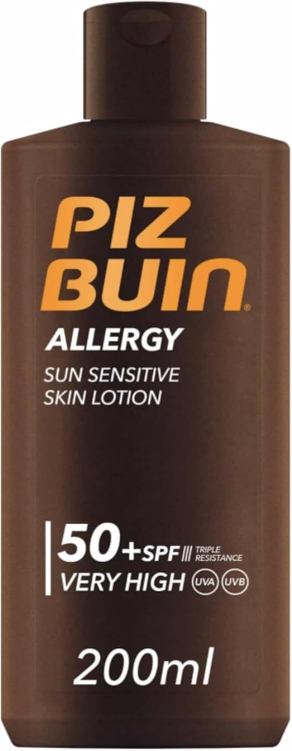 PIZ BUIN Allergy Sun Sensitive Skin Lotion SPF 50 (200ml), Body Sunscreen with FP50, Very High Sun Protection for Sensitive Skin, Body Lotion with UVA/UVB Filters