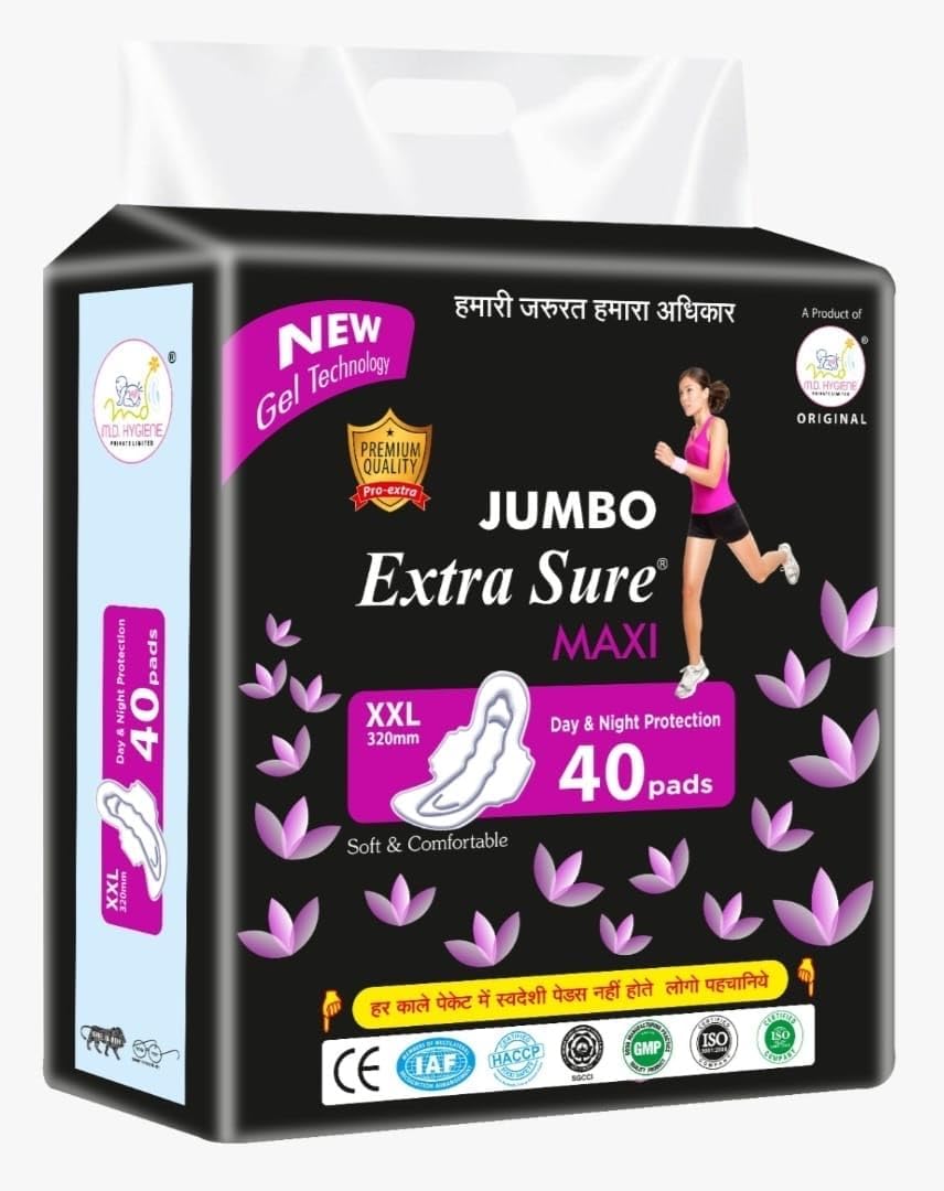 Extra Sure XXXL Sanitary Pads - 100% Cotton, Ultra-Absorbent & Leak-Proof Feminine Hygiene Pads - Skin-Friendly Comfort (Pack of 40)