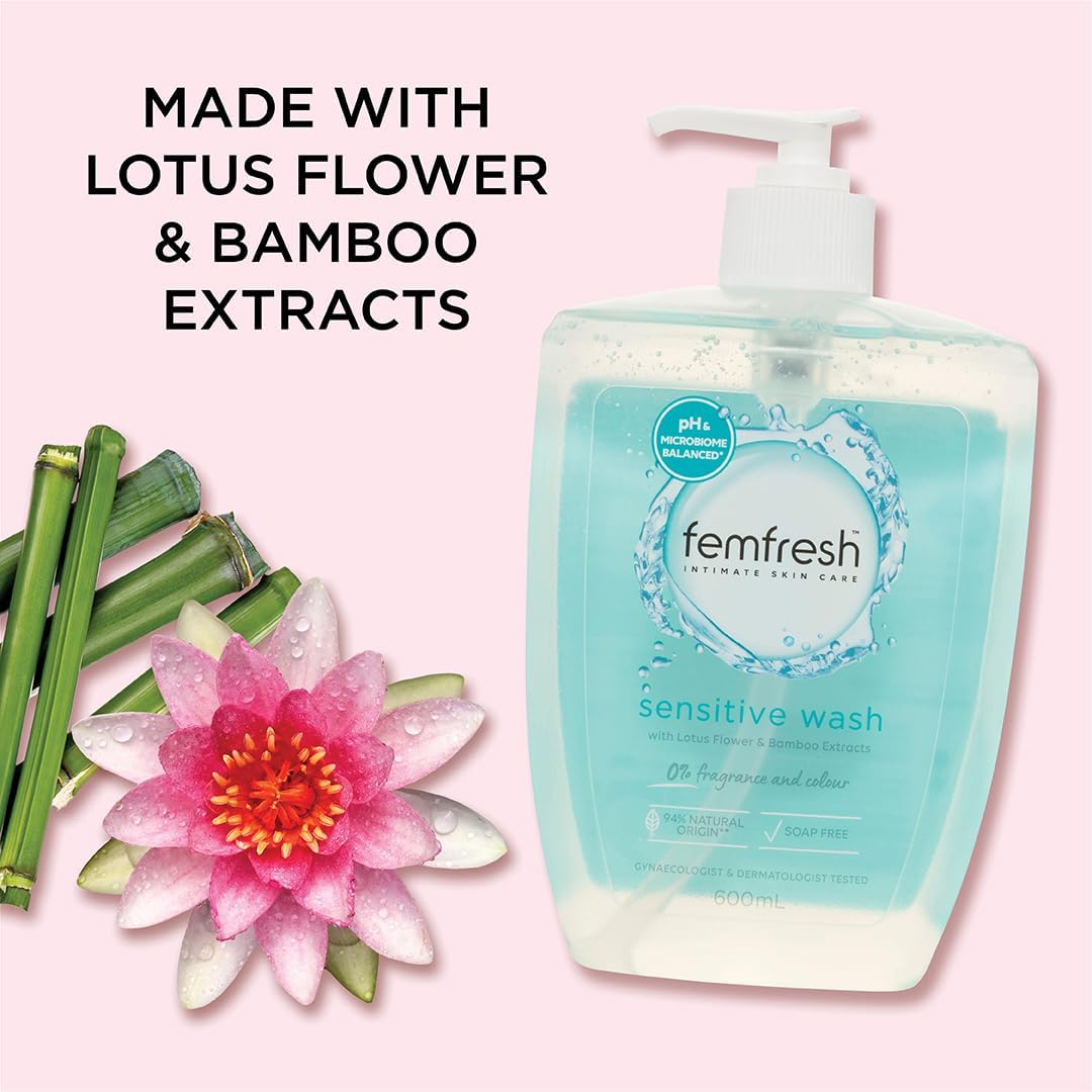Femfresh Sensitive Intimate Wash 600ml - Fragrance & Colour-Free, With Lotus Flower & Bamboo Extracts, pH & Microbiome Balanced, 94% Natural Origin Ingredients, Soap-Free Gentle Feminine Cleanser