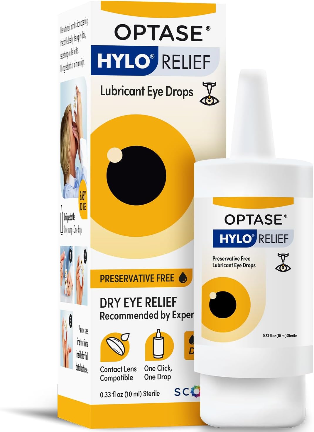 Optase® HYLO® Relief Dry Eye Drops, 0.33 fl oz | Preservative Free Eye Drops for Dry Eyes - One Click, One Drop Lubricant for Dryness - Contact Lens Compatible - 300 Drops