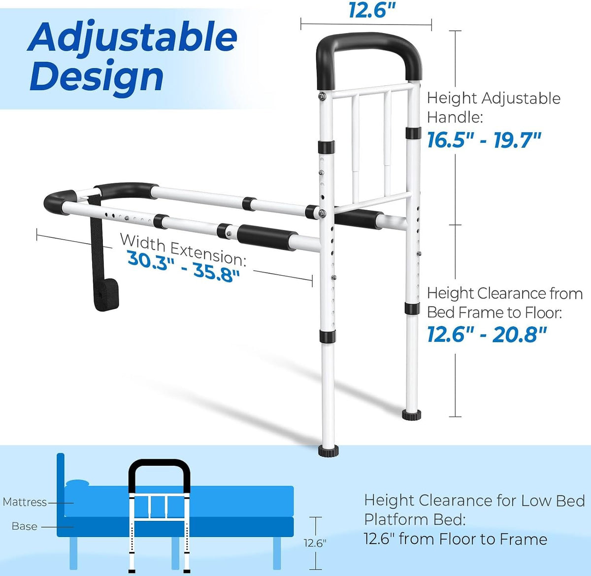 Bed Rails for Elderly Adults Safety, 350 LB Capacity, Model GS07 | ASTM Approved, Adjustable Bed Cane with Non-Slip Grip & Storage Bag, Tool-Free Bed Assist Rails for Seniors & Post Surgery