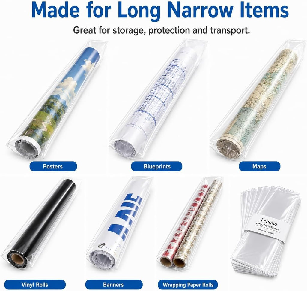 60 Pack 5x50" Long Plastic Sleeves 2.3Mil for Posters, Artwork & Blueprints