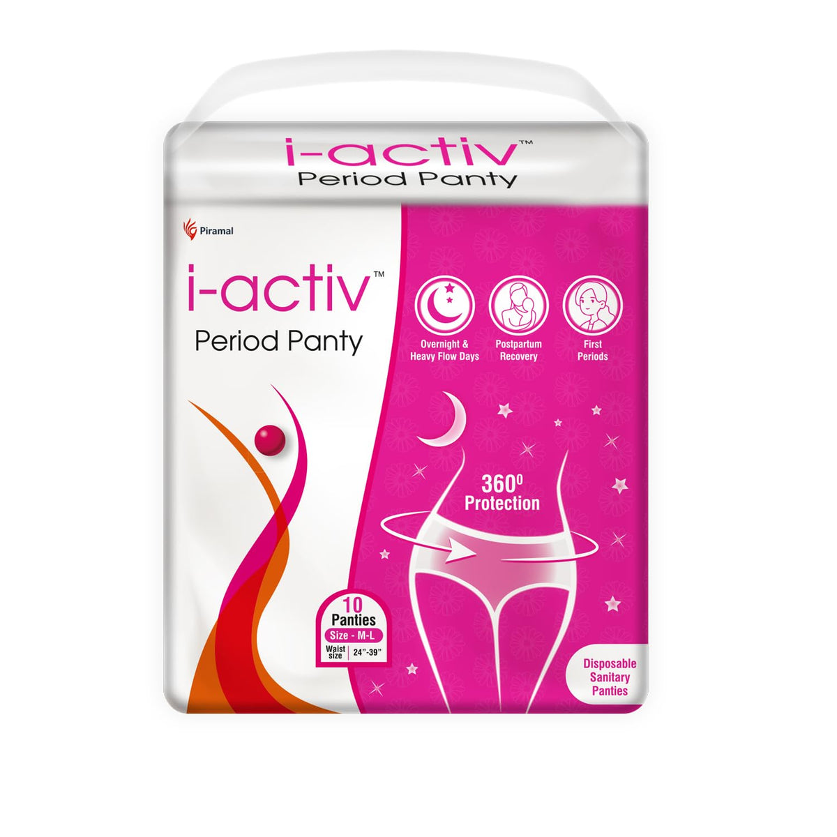 i-activ Period Panty for Women | M-L | Disposable Period Panties for Women Leak Proof | Maternity Pads for Heavy Flow Periods | Overnight 360 Degree Protection | Size-24 to 39"