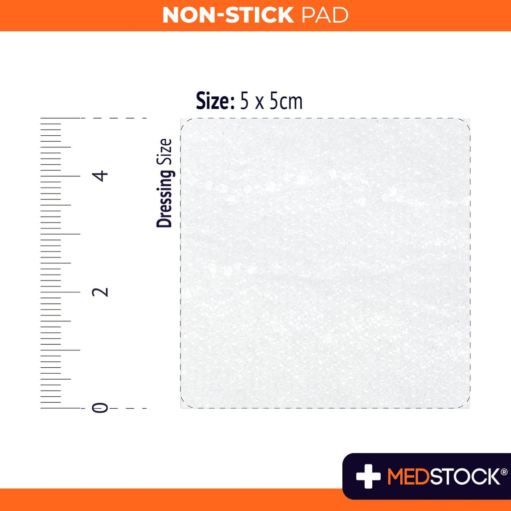 MEDSTOCK Non-Stick Pad, 5CM X 5CM, 50 Count, Gauze Pad Dressing, Non-Stick Wound Care, Surgical Grade, Fragile Tissue Protection, High Absorption, Porous Film Skin Contact Layer, Non Woven Fabric