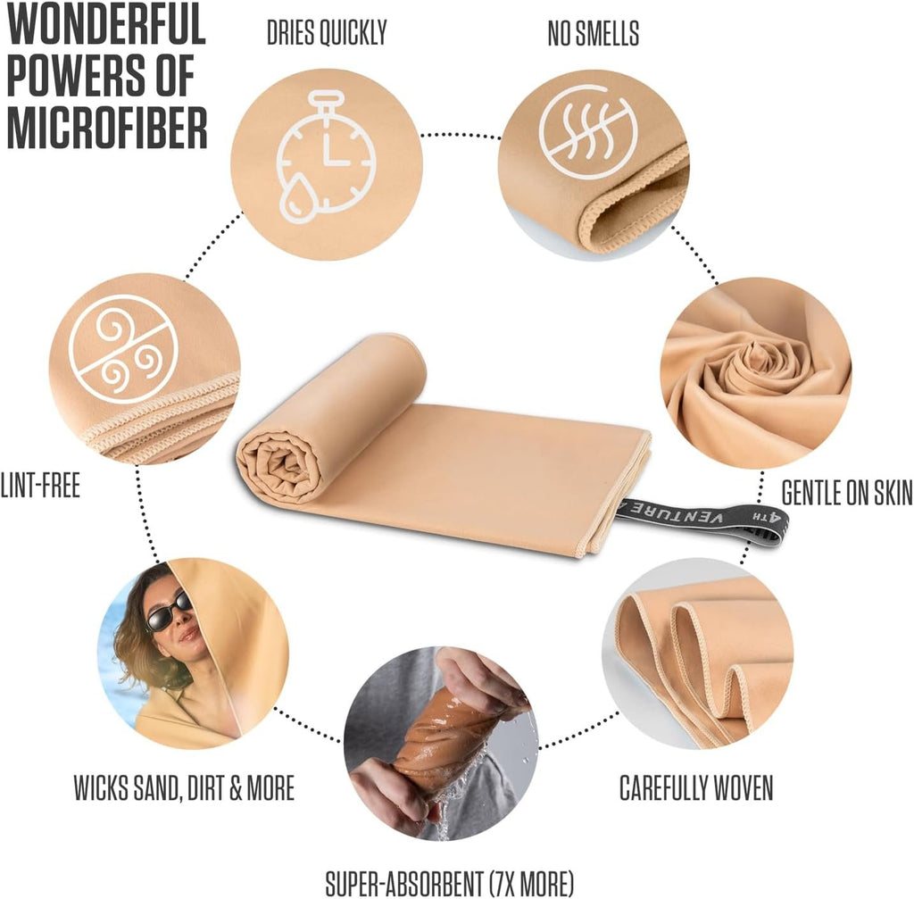VENTURE 4TH Quick Dry Microfiber Towel for Camping & Gym - Beige Large | Lightweight, absorbs 7x more than cotton, dries fast & resists odor. Packable Travel Towel with tear-resistant carry bag.