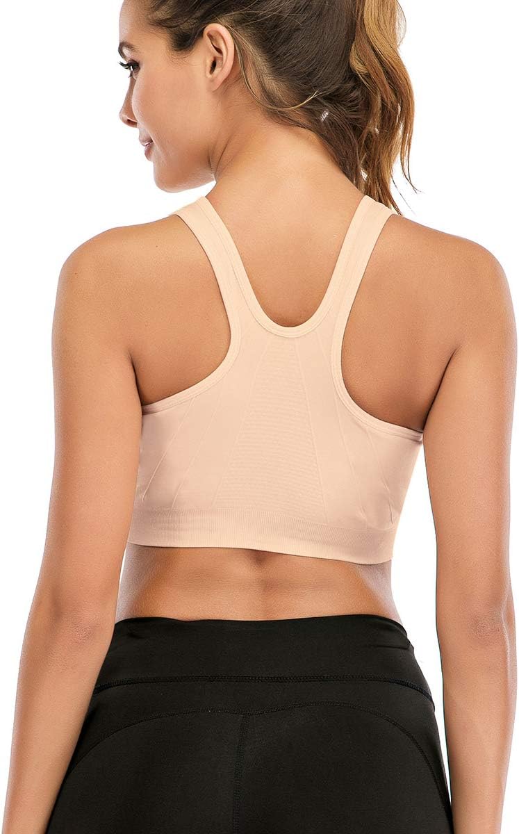 Womens Zip Front Sports Bra Wireless Post-Surgery Bra Padded Strappy Medium Support Yoga Exercise Athletic Bras