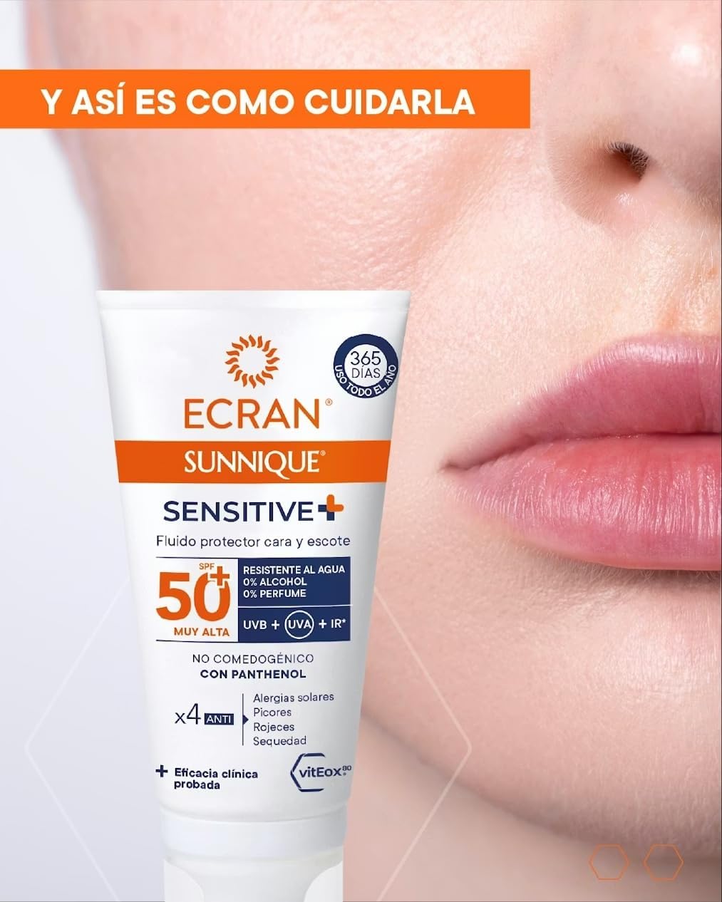 Ecran Sunnique Sensitive - Facial Protective Fluid for Face and Decolletage SPF 50 | Formula with Panthenol, Waterproof, Fragrance and Alcohol Free for Sensitive Skin | 50 ml
