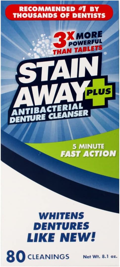 Stain Away Plus Antibacterial Denture Cleanser, 3X More Powerful Than Tablets, Whitens Dentures Like New, 5 Minute Fast Action, Clean Mint Taste, 80 Cleanings, 8.1 oz (Pack of 2)