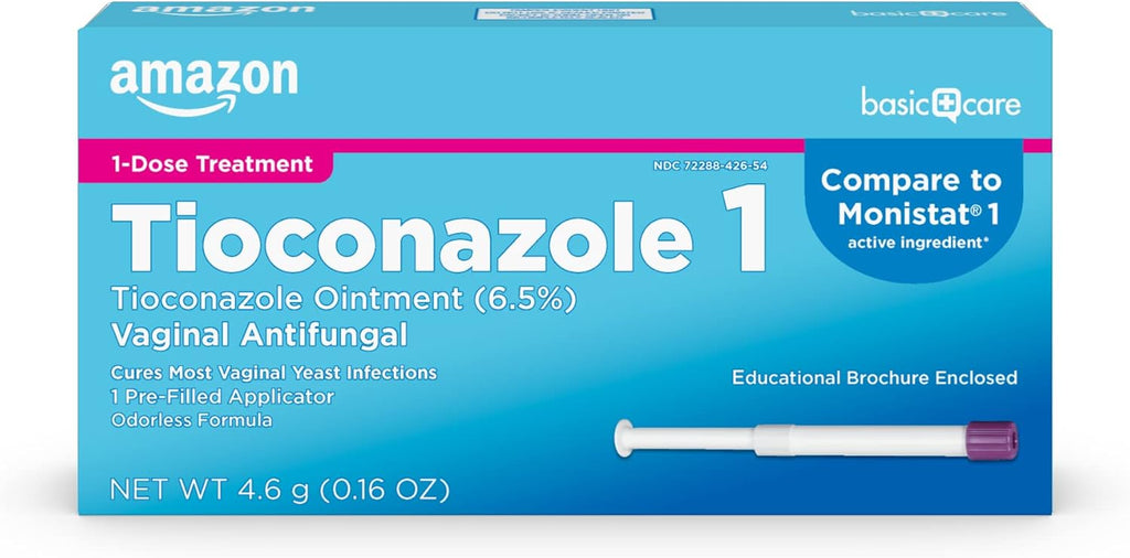 Amazon Basic Care Tioconazole Ointment 6.5 Percent, 1-Dose Yeast Infection Treatment For Women, Fast Acting Relief, Pre-Filled Applicator, Odorless Formula, 0.16 ounce (Pack of 1)