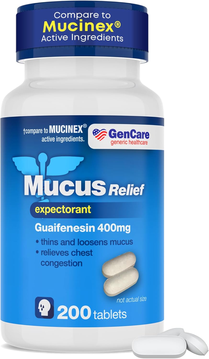 GenCare Mucus Relief Expectorant Guaifenesin 400mg, 200 Tablets | Compares to Mucinex; fast-acting expectorant, chest congestion relief
