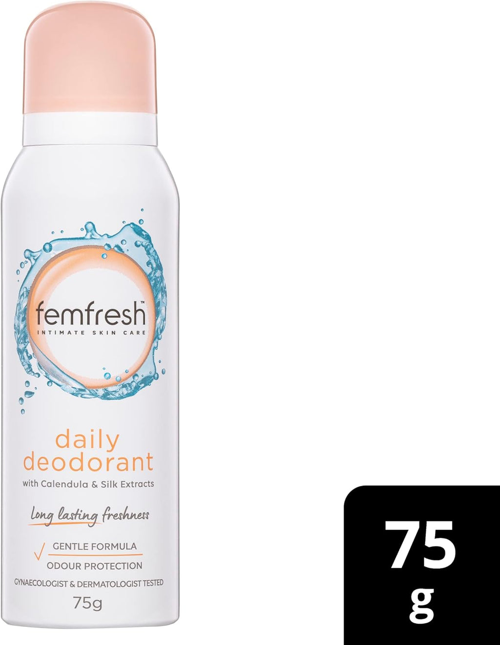 Femfresh Daily Deodorant 75g, Long-Lasting Freshness and Comfort for Intimate Skin, With Calendula & Silk Extracts, Odour Protection, Dermatologically & Gynaecologically Tested