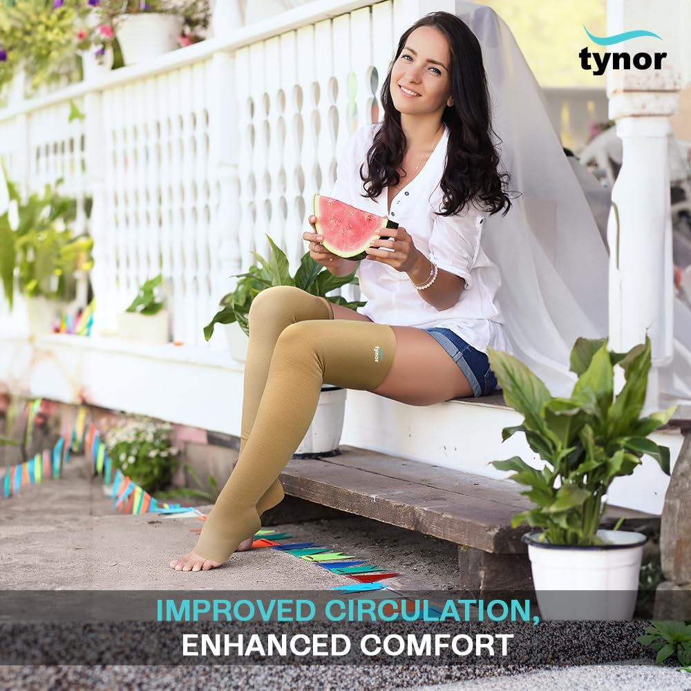 Tynor Compression Stocking Mid Thigh Classic, Beige, Large, 1 Pair