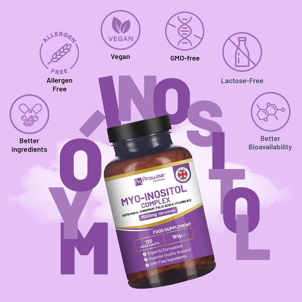 Myo-Inositol Complex 120 Vegan Tablets 7000mg per serving with Black Maca Root, Chromium, Folic Acid, and Vitamin B12 | Hormonal Balance for Women| Premium Quality by Prowise